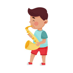 Dark Haired Little Boy Playing Trumpet Vector Illustration
