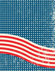 Distressed old July 4th background vector in old vintage grunge design, veterans or memorial day patriotic design for United States of America in red white and blue with flag stripes waving
