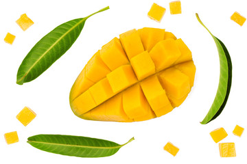 Flat lay of Tropical Mango fruit cubes slice with green leaf isolated white background, top view