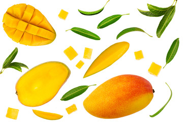 Tropical mango fruit with green leaf, piece of slice and cube shape flat lay on isolated white...