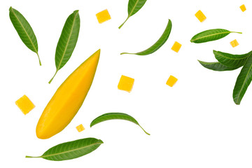 Tropical green leaf and a piece of mango fruit and cubes shape flat lay on white background,...