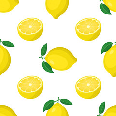 Seamless pattern with fresh bright exotic whole and half lemon fruit on white background. Summer fruits for healthy lifestyle. Organic fruit. Cartoon style. Vector illustration for any design.