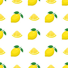 Seamless pattern with fresh bright exotic whole and cut slice lemon fruit on white background. Summer fruits for healthy lifestyle. Organic fruit. Cartoon style. Vector illustration for any design.