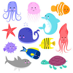 Octopus, jellyfish, squid, whale, dolphin, shark, turtle, puffer, clown fish, starfish. Cute cartoon sea animals. Icon set. Flat vector illustration isolated on white background.