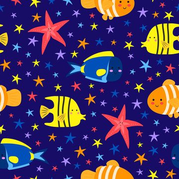 Octopus, jellyfish, squid, whale, dolphin, shark, turtle, puffer, clown fish, starfish. Cute cartoon sea animals. Icon set. Flat vector illustration isolated on white background. © iuvmiro