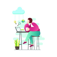 Sitting young woman downloading data from cloud in simple modern flat  style vector, people and technology concept abstract for your design work, presentation, website.