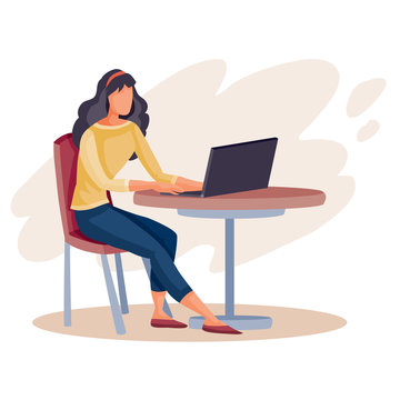 girl sitting at a table in a cafe and working on a laptop, isolated object on a white background, vector illustration,