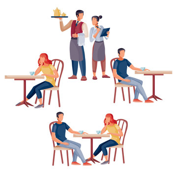set of people who are sitting at coffee tables and waiters, isolated object on a white background, vector illustration,