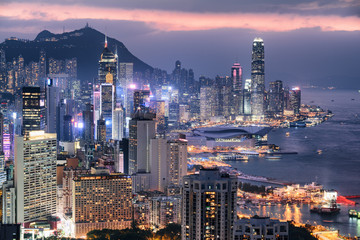 Gorgeous aerial view of skyscrapers in Hong Kong at sunset