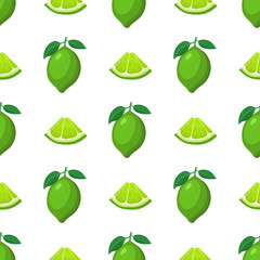 Seamless pattern with fresh bright exotic whole and cut slice lime fruit on white background. Summer fruits for healthy lifestyle. Organic fruit. Cartoon style. Vector illustration for any design.