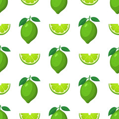 Seamless pattern with fresh bright exotic whole and cut slice lime fruit on white background. Summer fruits for healthy lifestyle. Organic fruit. Cartoon style. Vector illustration for any design.