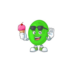 Happy face of cocci cartoon mascot having an ice cream