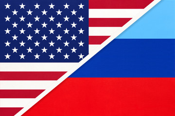 United States of America or USA and Luhansk People's Republic or LNR, symbol of two national flags from textile.