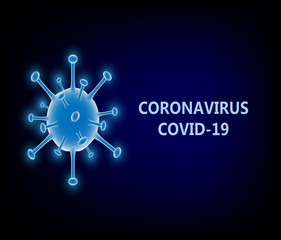 Black background with glowing blue virus with a message near the side indicating coronavirus, officially named by the World Health Organization as COVID-19.