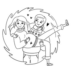 A young family is expecting a baby. The husband holds a pregnant wife in his arms. Contour digital illustration.