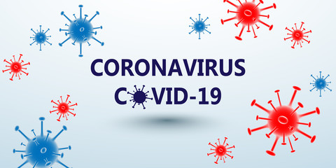 The white background image contains the inscription coronavirus, or the official designation COVID-19 and the virus is the color of the United States flag blue and red.