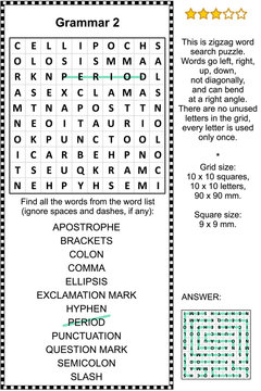 Grammar themed zigzag second word search puzzle (suitable both for kids and adults). Answer included.
