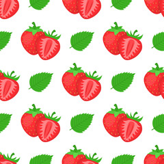 Seamless pattern with fresh bright exotic whole, half strawberries and leaves on white background. Summer fruits for healthy lifestyle. Organic fruit. Vector illustration for any design.