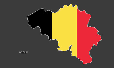 Belgium sticker map with Belgium flag color decoration on dark grey background.