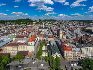 Fototapeta na wymiar Aerial view on Jesuit Church, City Hall and Latin Cathedral in Lviv, Ukraine from drone