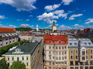 Obraz premium Aerial view on Jesuit Church, City Hall and Latin Cathedral in Lviv, Ukraine from drone