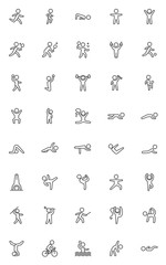 Fitness exercises line icons set. Sport linear style symbols collection outline signs pack. Yoga poses vector graphics. Set includes icons - rhythmic gymnastics, tennis, stretching, abdominal muscles