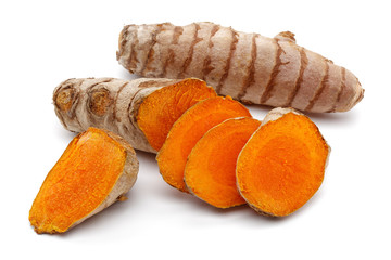 Fresh turmeric with slices isolated