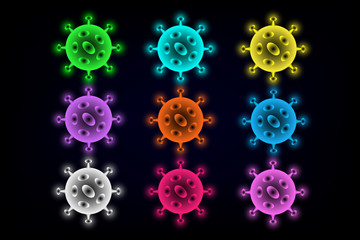 The black background image consists of coronavirus also known as the official name is COVID-19 in a variety of colors which have a glowing circle.