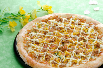 Pizza with spring menu, chicken, corn, peppe