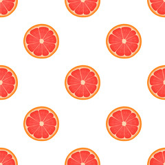 Seamless pattern with fresh bright exotic half cut grapefruit isolated on white background. Summer fruits for healthy lifestyle. Organic fruit. Cartoon style. Vector illustration for any design.