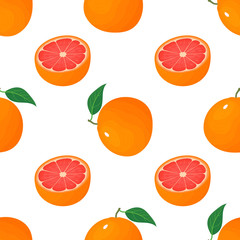 Fototapeta na wymiar Seamless pattern with fresh bright exotic whole and half grapefruit isolated on white background. Summer fruits for healthy lifestyle. Organic fruit. Cartoon style. Vector illustration for any design.