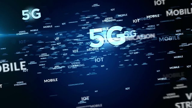 5G mobile phone communication, iot, wireless technology loop seamless rendered 3d animation. Concept keywords with recycling symbol.