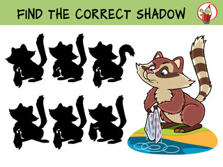 Funny raccoon. Find the correct shadow. Educational matching game for children. Cartoon vector illustration