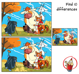 Animals are photographed. Find 10 differences. Educational game for children. Cartoon vector illustration