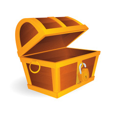 Empty treasure chest with open golden padlock. Cartoon style opened wooden pirate chests with gold metal stripes. Treasure chest vector illustration.