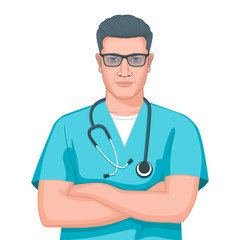 Portrait of a Caucasian male doctor wearing a lab coat with stethoscope, standing with arms crossed. Realistic vector illustration