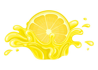 Fresh bright half cut lemon juice splash burst isolated on white background. Summer fruit juice. Cartoon style. Vector illustration for any design.