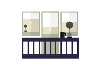 Stay at home flat illustration concept, balcony exterior of an appartment in city during the pandemic lockdown, tea cup near plant on a balcony minimalist design