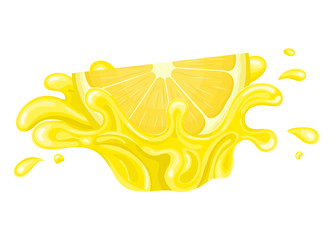 Fresh bright cut slice lemon juice splash burst isolated on white background. Summer fruit juice. Cartoon style. Vector illustration for any design.