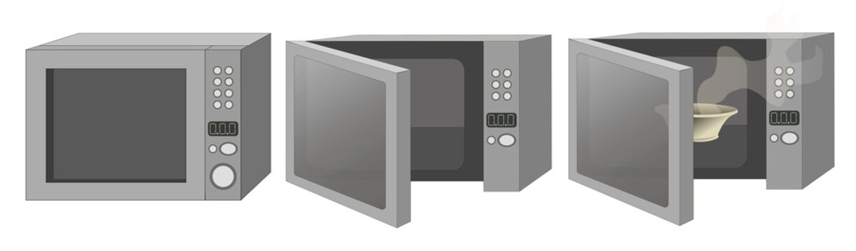 Stock vector illustration on a white background. A set of three microwave ovens, one is closed, the second is open, and in the third there is a plate, steam comes from it. A microwave painted in gray 