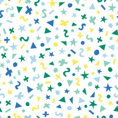 Obraz premium Blue green yellow abstract shapes seamless vector pattern. Triangles, dots, stars, and circles kids background. Geometric hand drawn shapes backdrop for fabric, surface pattern decor