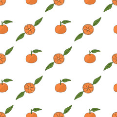 Seamless pattern with little tangerines on white background. Vector image.