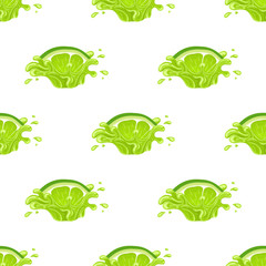 Seamless pattern with fresh bright lime juice splash burst isolated on white background. Summer fruit juice. Cartoon style. Vector illustration for any design.