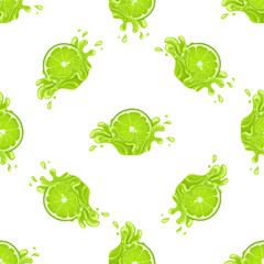 Seamless pattern with fresh bright lime juice splash burst isolated on white background. Summer fruit juice. Cartoon style. Vector illustration for any design.