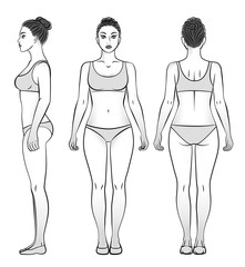 Woman in underwear view from front, side and back, black and white.