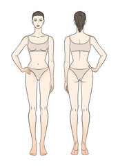 Tall girl in underwear front and back view. The arm is bent and lies on the belt. Model to measure the shape.