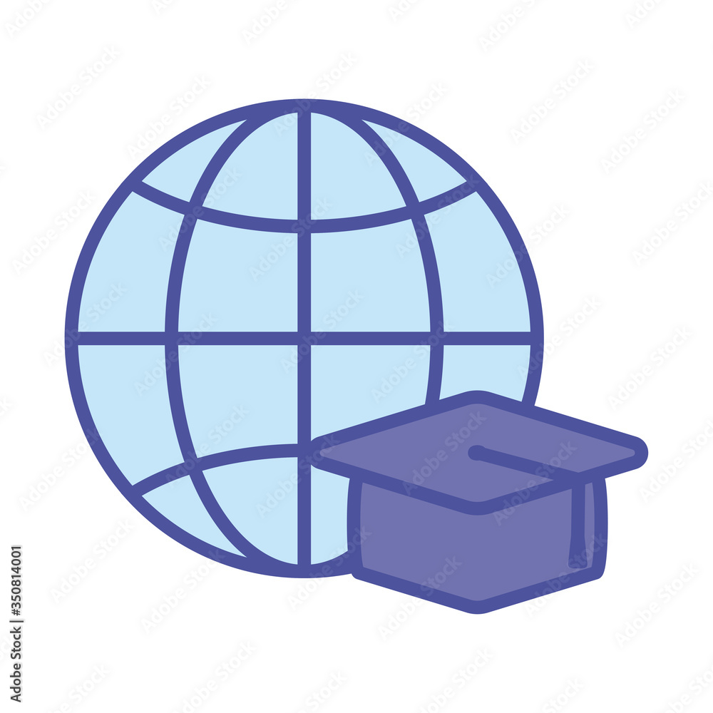 Poster graduation cap and global sphere line and fill style icon vector design