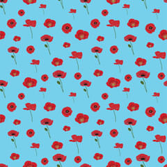 Poppy flowers seamless vector pattern on light blue background