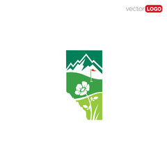 Alberta map with mountain and flower, Golf Logo Design Vector Template Illustration