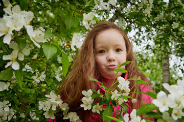 Pretty cute little girl with long hair and in pink glasses posing near a blooming apple tree with white flowers in a summer park